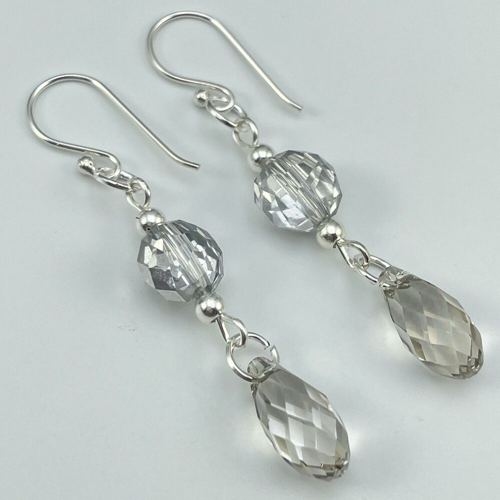 Made With Swarovski Crystals Light Smoke Teardrop Sterling Silver Earrings Drop
